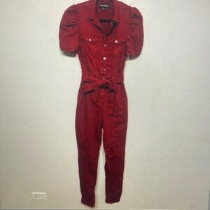 Red Puff-Sleeve Jumpsuit with Waist Tie